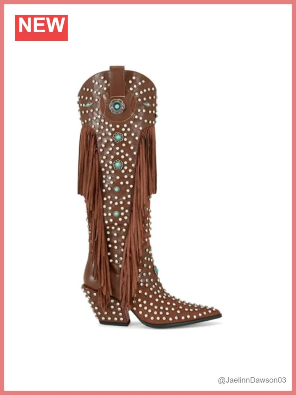 Fringe Boots for Women Cowgirl Chunky Heel Knee High Turquoise Studded Wide